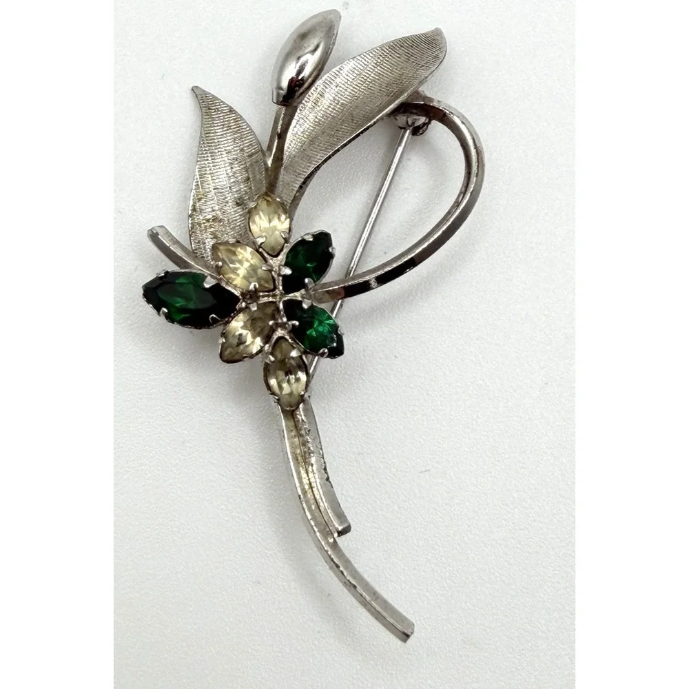 Vintage STAR ART Sterling Silver Flower Spray Brooch Pin Green Rhinestone 1950s